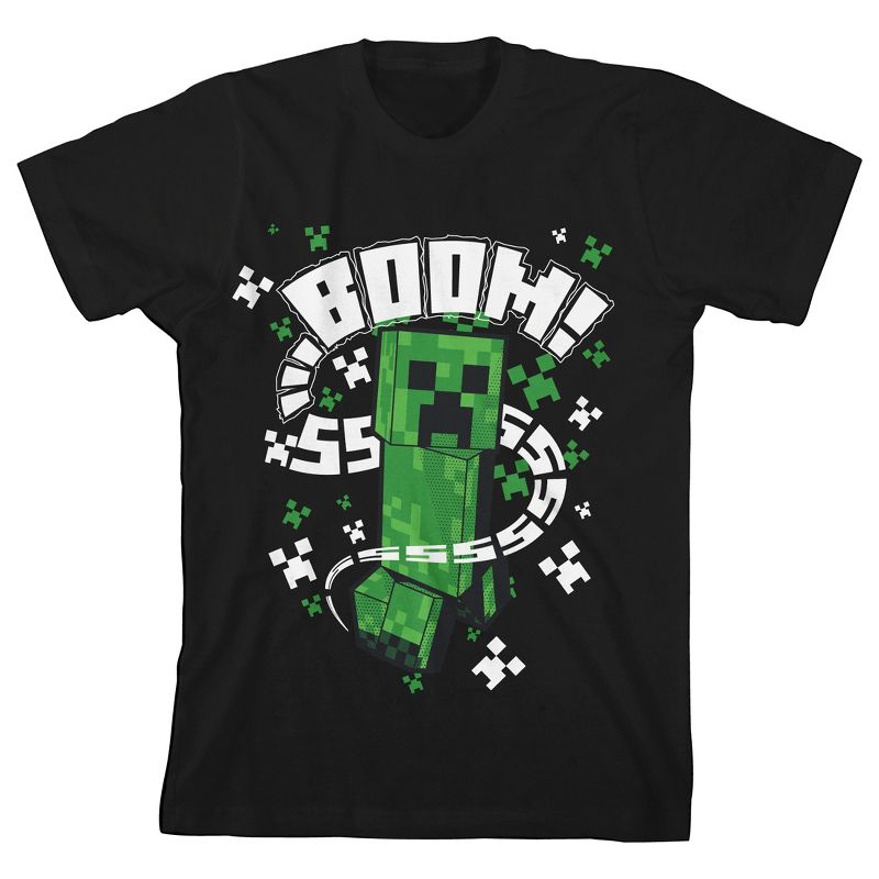 Minecraft Creeper BOOM SSSSS Boy's Black Crew Neck Short Sleeve T-shirt
