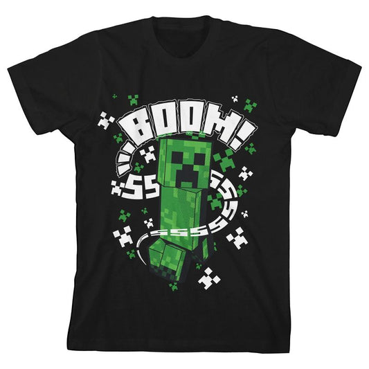 Minecraft Creeper BOOM SSSSS Boy's Black Crew Neck Short Sleeve T-shirt