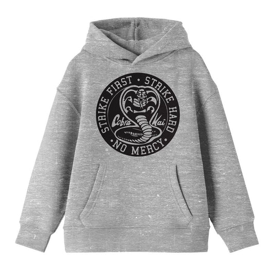 Cobra Kai Strike First Strike Hard Black Seal Long Sleeve Athletic Heather Youth Hooded Sweatshirt