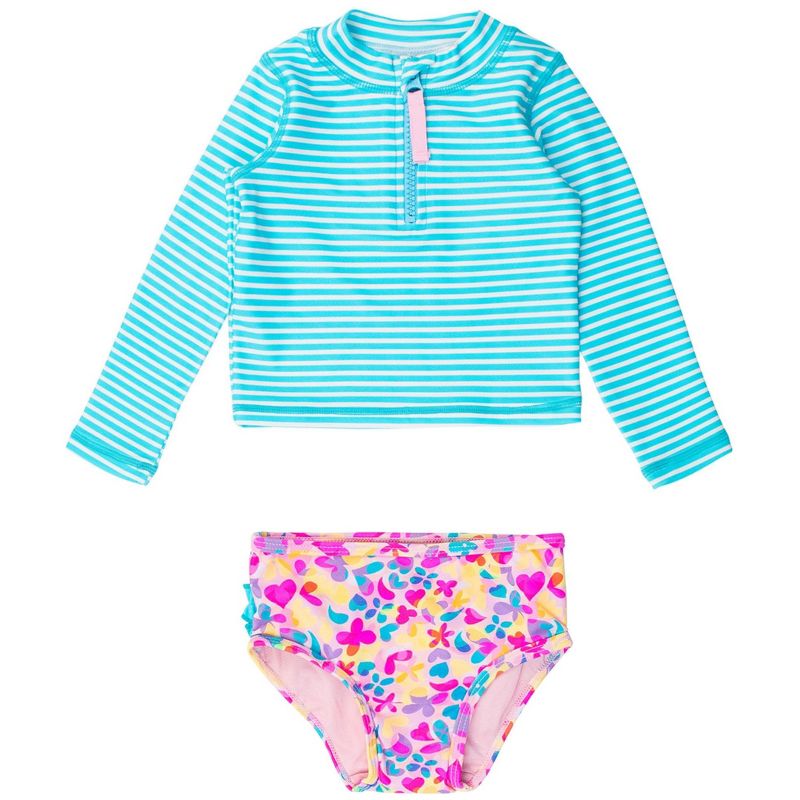 RuffleButts Baby/Toddler Girls UPF50+ Long Sleeve Zipper Rash Guard 2-Piece