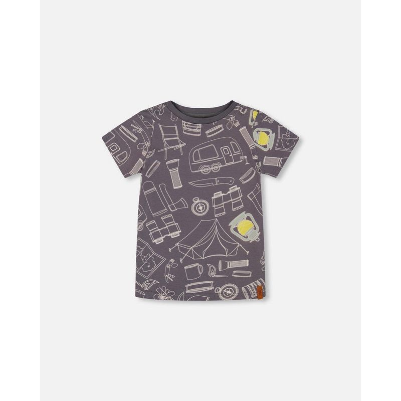 Deux par Deux Boy Printed Organic Cotton Tee Grayish Blue and Camping