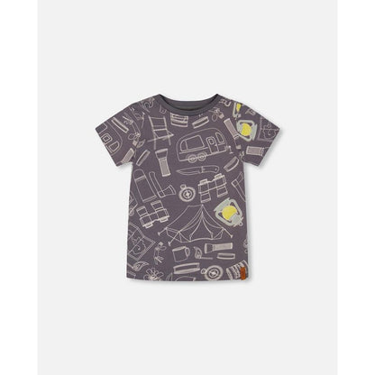 Deux par Deux Boy Printed Organic Cotton Tee Grayish Blue and Camping