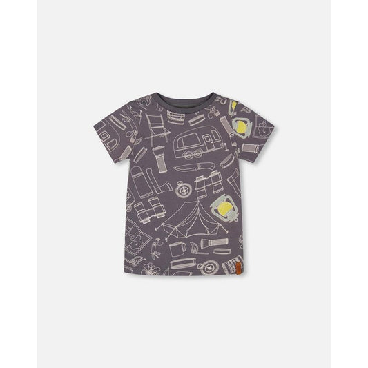 Deux par Deux Boy Printed Organic Cotton Tee Grayish Blue and Camping