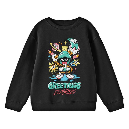 Looney Tunes Marvin the Martian Hello Earthlings Youth Black Crew Neck Sweatshirt