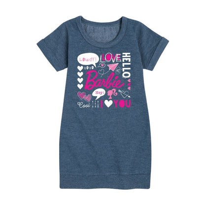 فستان باربي - عيد الحب - من الصوف بأكمام قصيرة ورسومات مجمعة - للبنات