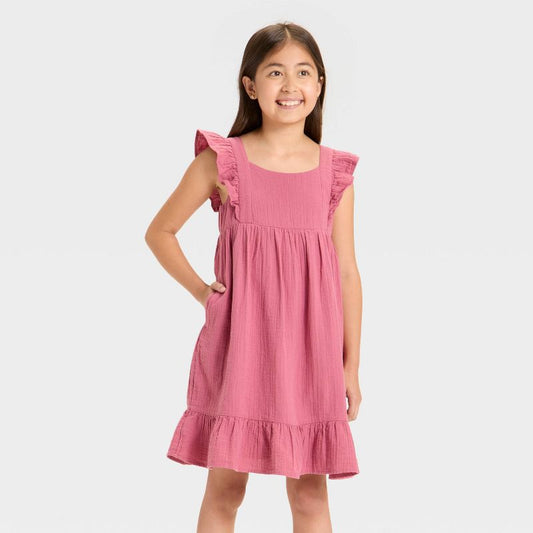 Girls' Adaptive Flutter Sleeveless Woven Gauze Dress - Cat & Jack™ Pink Rose