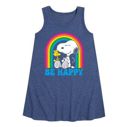 Girls' - Peanuts - Be Happy Rainbow Graphic Sleeveless Aline Dress