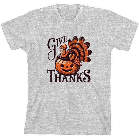 تي شيرت شبابي برقبة دائرية وأكمام قصيرة مطبوع عليه عبارة Give Thanks Turkey &amp; Pumpkin
