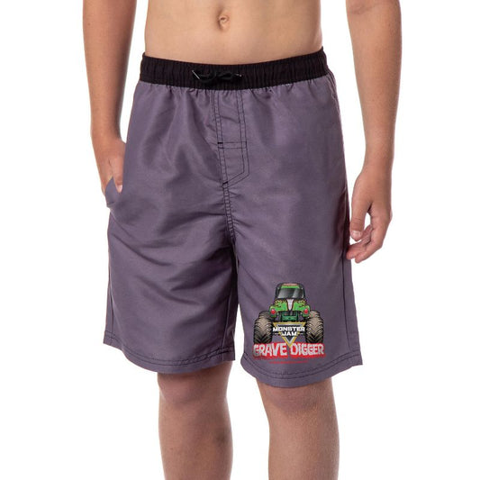 Monster Jam Grave Digger Boys' Swimming Trunks Shorts Elastic Waistband Grey