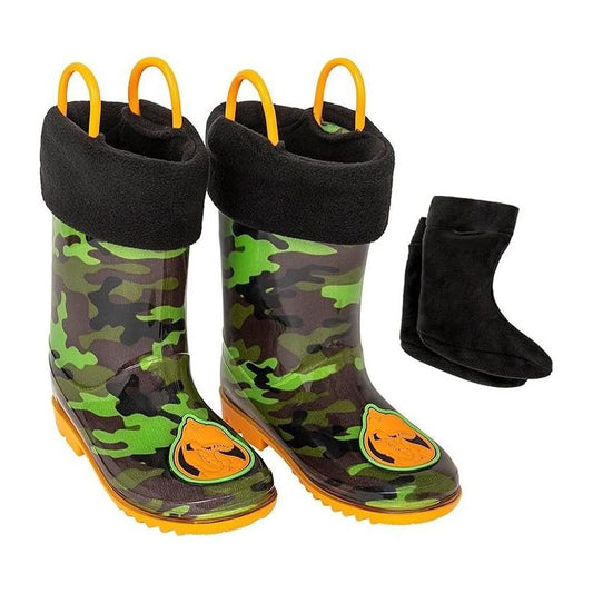 Addie & Tate Boys and Girls Rain Boots with Sock, Kids Rubber Boots- Size 8T-12 Years (Dino/Camo)