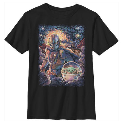 Boy's Star Wars The Mandalorian Starry Night Best Friend Portrait T-Shirt