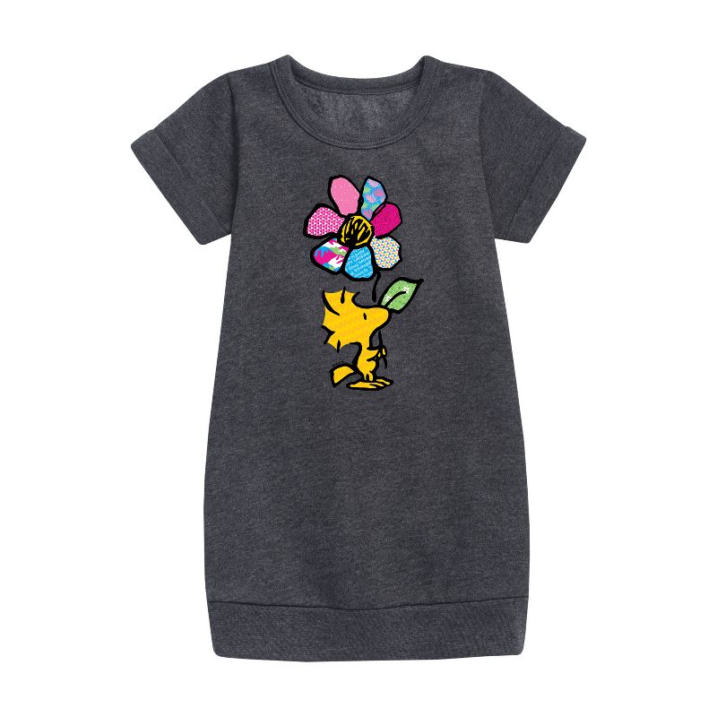 Girls' - Peanuts - Woodstock With Flower And Pattern Graphic Short Sleeve Fleece Dress