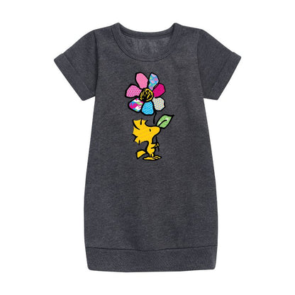 Girls' - Peanuts - Woodstock With Flower And Pattern Graphic Short Sleeve Fleece Dress