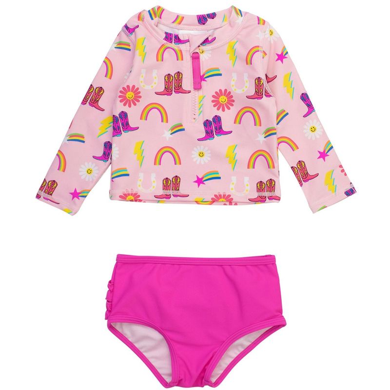 RuffleButts Baby/Toddler Girls UPF50+ Long Sleeve Zipper Rash Guard 2-Piece