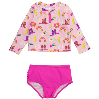 RuffleButts Baby/Toddler Girls UPF50+ Long Sleeve Zipper Rash Guard 2-Piece