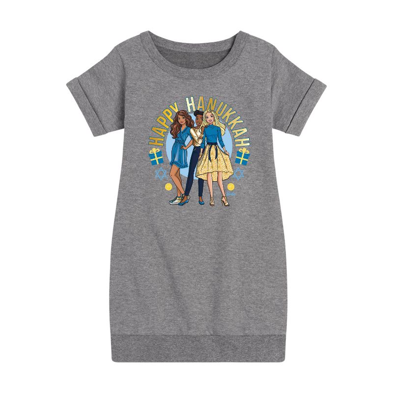 فستان باربي وأصدقائه للعطلات من الصوف بأكمام قصيرة ورسومات جرافيكية للبنات