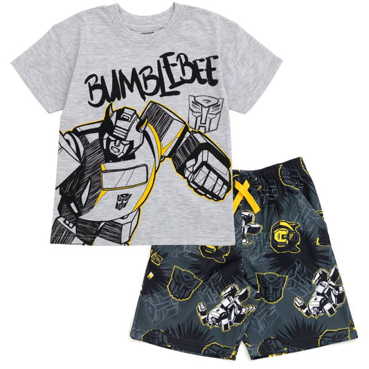 طقم ملابس تي شيرت جرافيكي وشورت شبكي من Transformers Bumblebee Optimus Prime للأطفال الصغار وحتى الكبار
