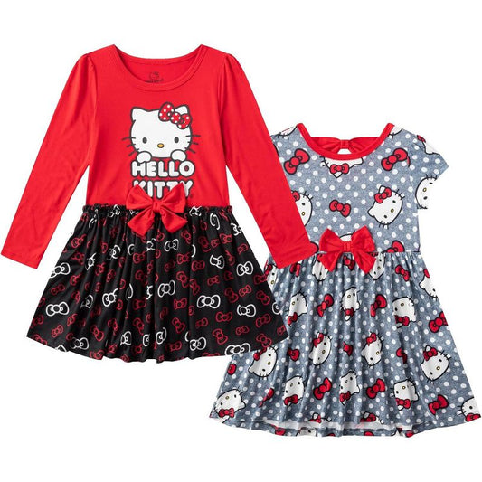 Hello Kitty Sanrio Girls 2 Pack Long Sleeve and Short Sleeve Dresses for Toddlers and Big Kids - Size - 10