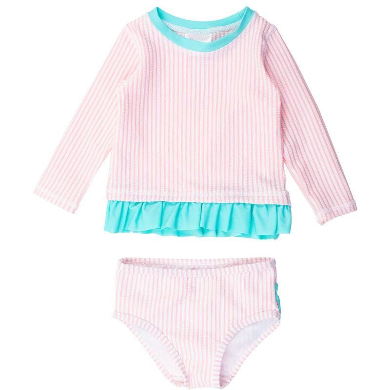 RuffleButts Toddler Girls UPF50+ Seersucker Long Sleeve Rash Guard Bikini