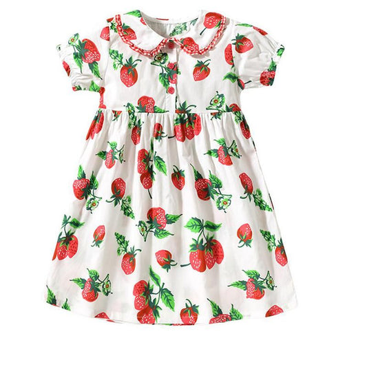 MyKids-USA Summer Pure Cotton Strawberry Pattern Short-sleeved Dress with Peter Pan Collar for Stylish Girls
