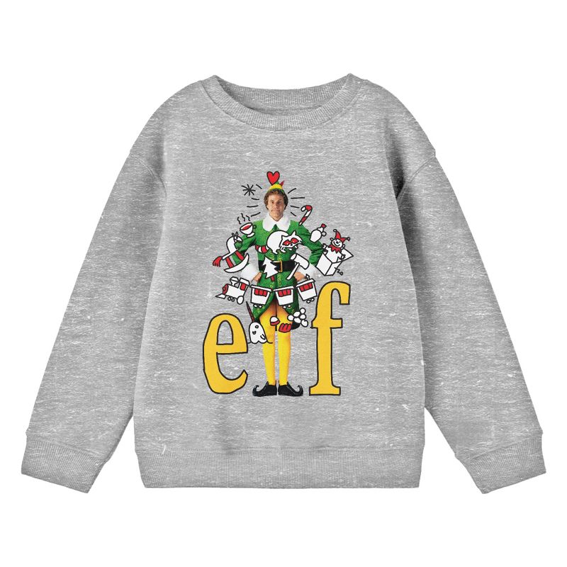 سويت شيرت شبابي بياقة دائرية رمادية باهتة مع شعار Elf Doodle على Buddy