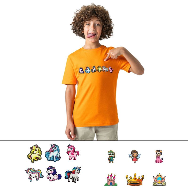Rabble Kids' Unicorn Fairy Tale Tshirt Bundle – Custom Shirt with 12 Dabblz Velcro Patches