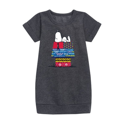 فستان بناتي من الصوف بأكمام قصيرة ورسومات بيت الكلب المرقعة من سنوبي - Peanuts