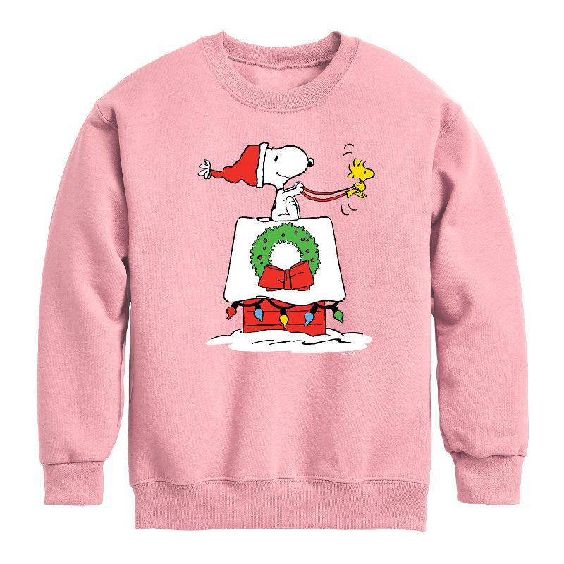 Boys' - Peanuts - Snoopy & Woodstock House Sleigh Graphic Long Sleeve Fleece Sweatshirt