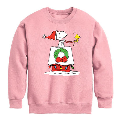 Boys' - Peanuts - Snoopy & Woodstock House Sleigh Graphic Long Sleeve Fleece Sweatshirt