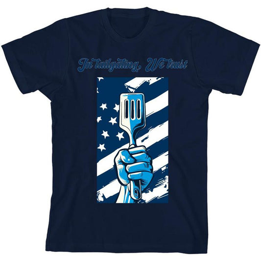 "In Tailgating We Trust" American Flag And Spatula Youth Short Sleeve Tee