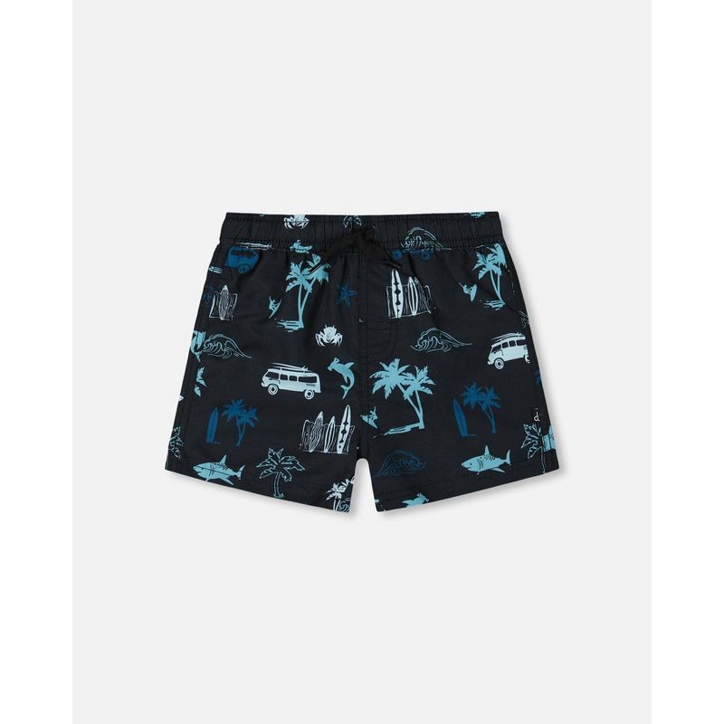 Deux par Deux Boy Printed Swim Trunks Light Blue Beach on Black