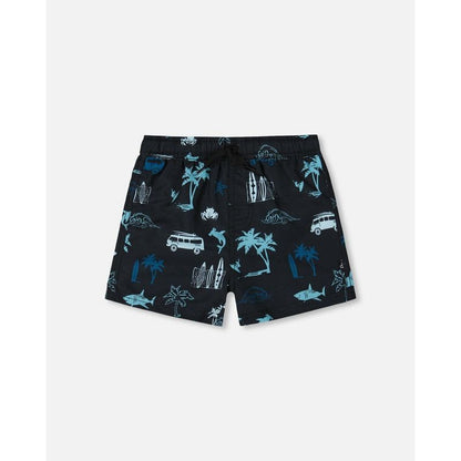 Deux par Deux Boy Printed Swim Trunks Light Blue Beach on Black