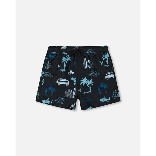Deux par Deux Boy Printed Swim Trunks Light Blue Beach on Black