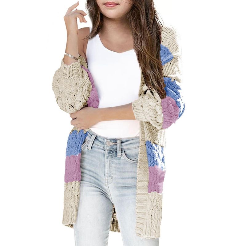 Girls Sweater Cardigan Open Front Longline Sweater Cable Knit Sweater Long Sleeve Color Block Sweater
