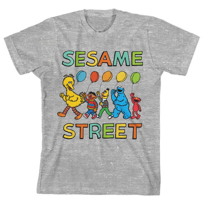 Sesame Street Characters With Balloons Crew Neck Short Sleeve Athletic Heather Boy's T-shirt
