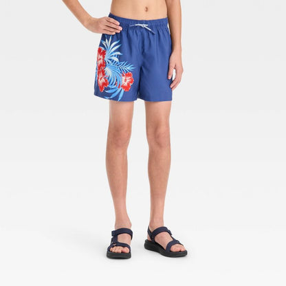 شورت سباحة مطبوع عليه زهرة الكركديه للأولاد - art class™ أزرق