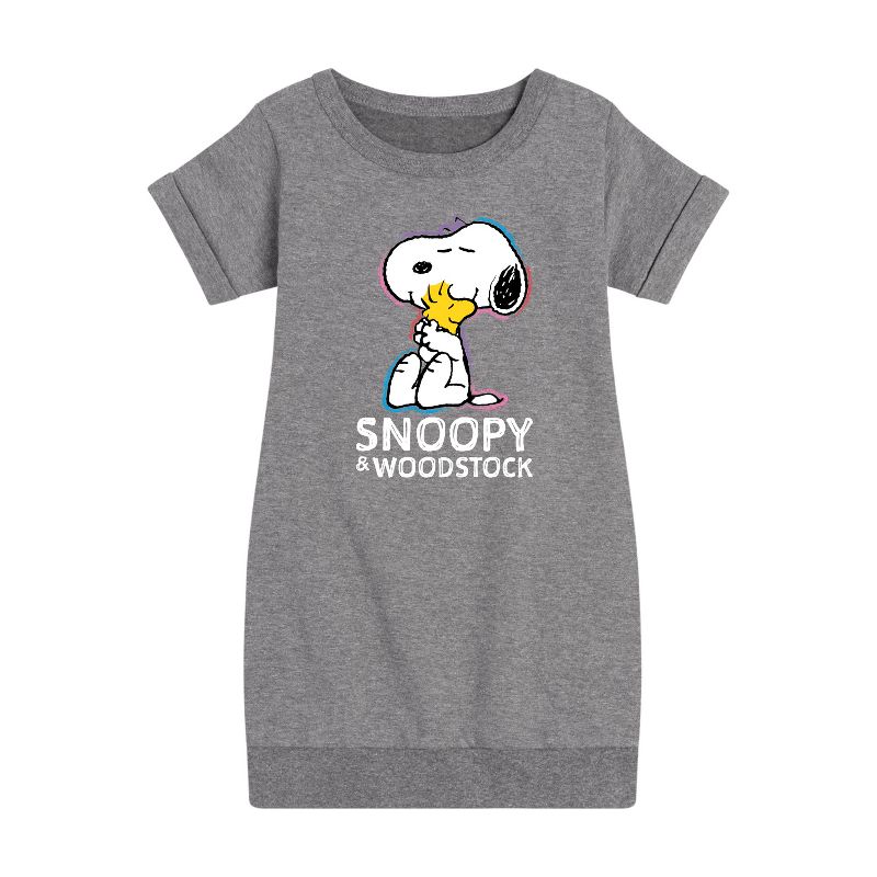 Girls' - Peanuts - Snoopy And Woodstock Graphic Short Sleeve Fleece Dress