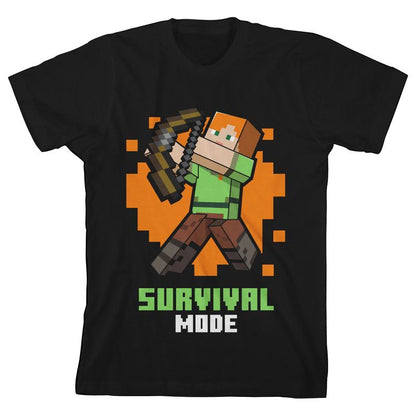تي شيرت أسود للأولاد بأكمام قصيرة وياقة دائرية من Minecraft Alex Survival Mode