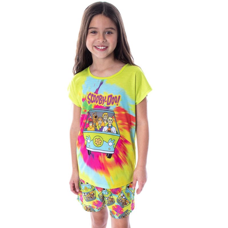 Scooby Doo Girls' Tie Dye Mystery Machine Shirt and Shorts Pajama Set Lime Green Tie Dye