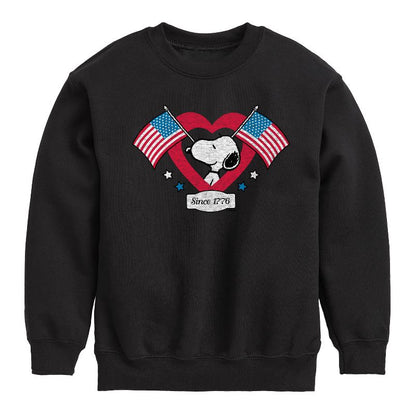 Boys' - Peanuts - Snoopy Since 1776 Flag Heart Graphic Long Sleeve Fleece Sweatshirt