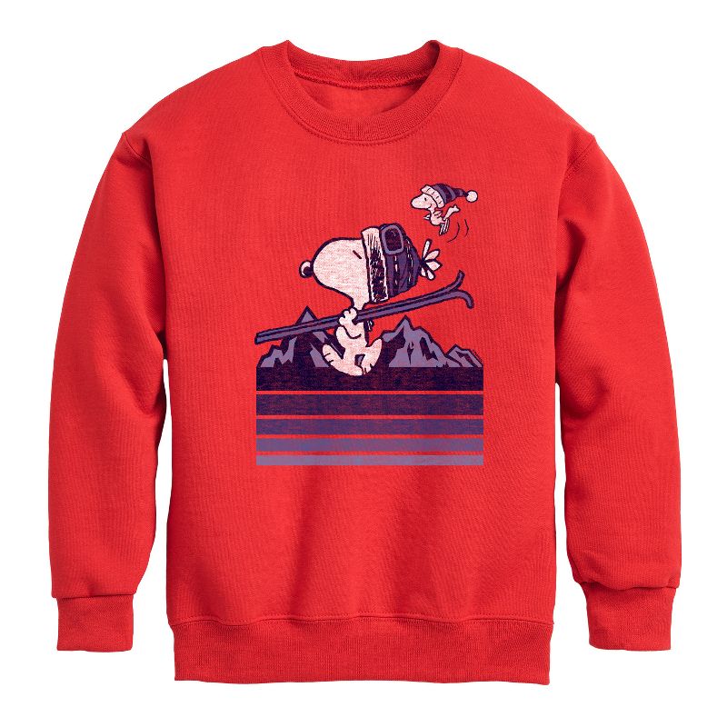 Boys' - Peanuts - Snoopy Woodstock Ski Stripes Graphic Long Sleeve Fleece Sweatshirt