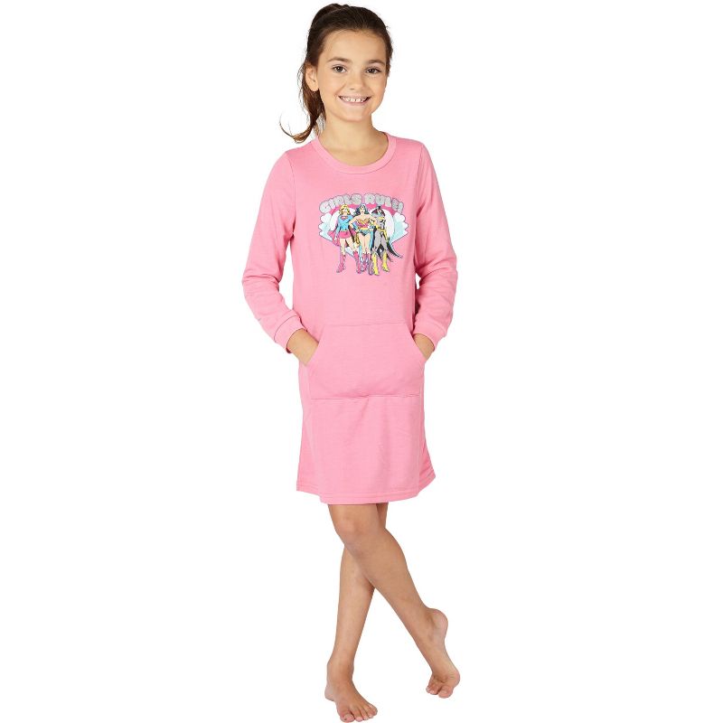 DC Comics Girls Rule Supergirl Batgirl Wonder Woman French Terry Nightgown Pink