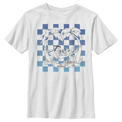 Boy's Lilo & Stitch Blue Checkered Palm Trees T-Shirt