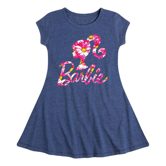 Girls' - Barbie - Pink Daisy Pattern Logo Fit & Flair Cap Sleeve Dress