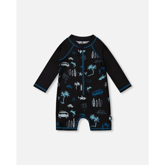 Deux par Deux Boy Printed Long Sleeve Rashguard Light Blue Beach on Black