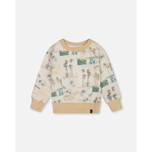 Deux par Deux Boy Printed Pullover Sweatshirt Beige Palm Tree and Teal