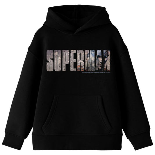 Superman Hero In Text Art Long Sleeve Youth Black Hooded Sweatshirt