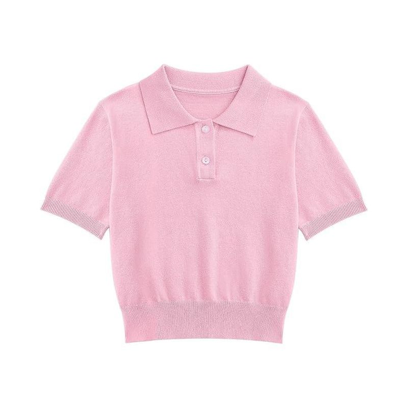 Girls Short Sleeve Summer Polo Shirt V Neck Button Down Knit School Crop Tops