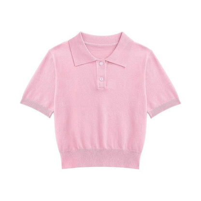 Girls Short Sleeve Summer Polo Shirt V Neck Button Down Knit School Crop Tops