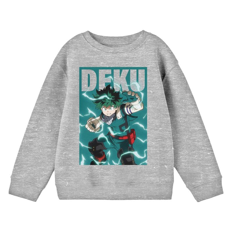 My Hero Academia Deku Fighting Stance Crew Neck Long Sleeve Athletic Heather Youth Sweatshirt